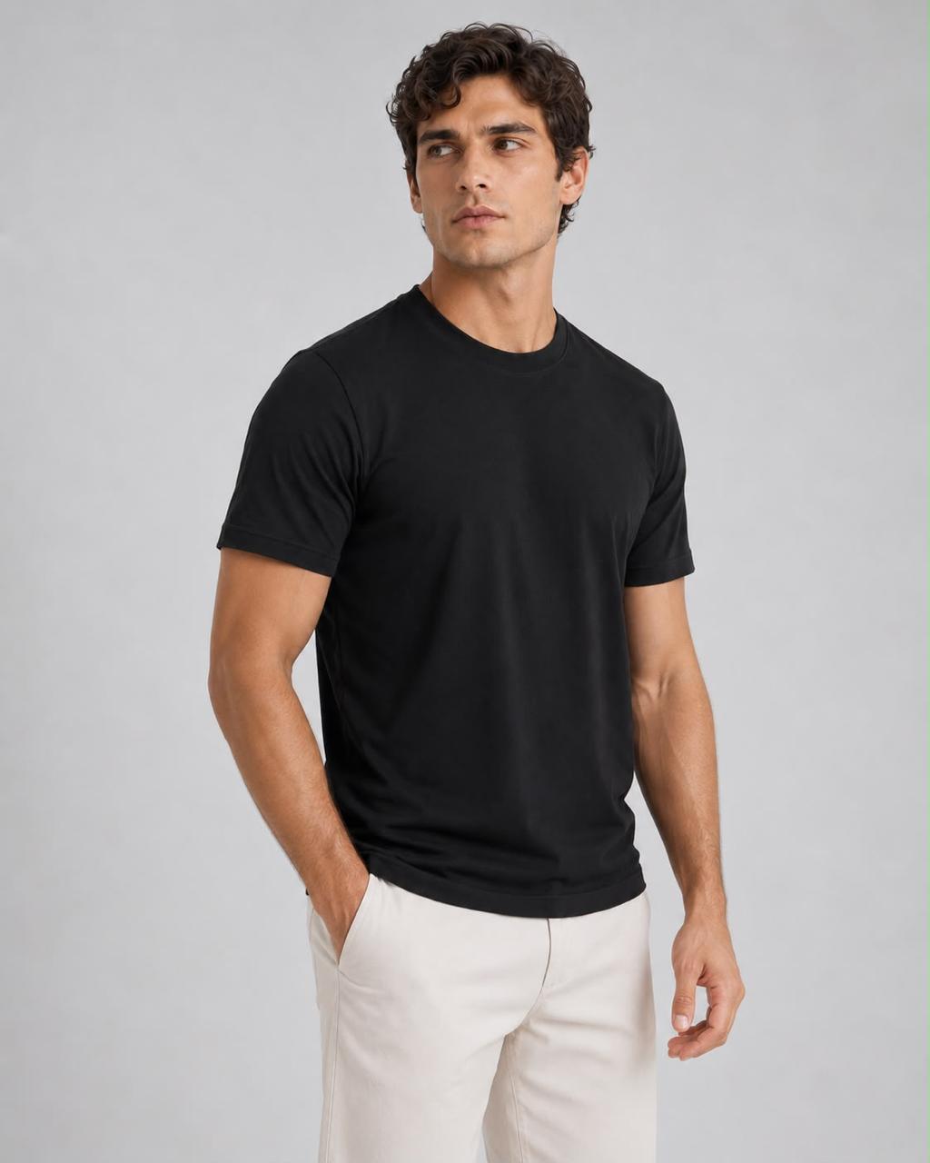 The Tech Shirt in Black, three-quarter view