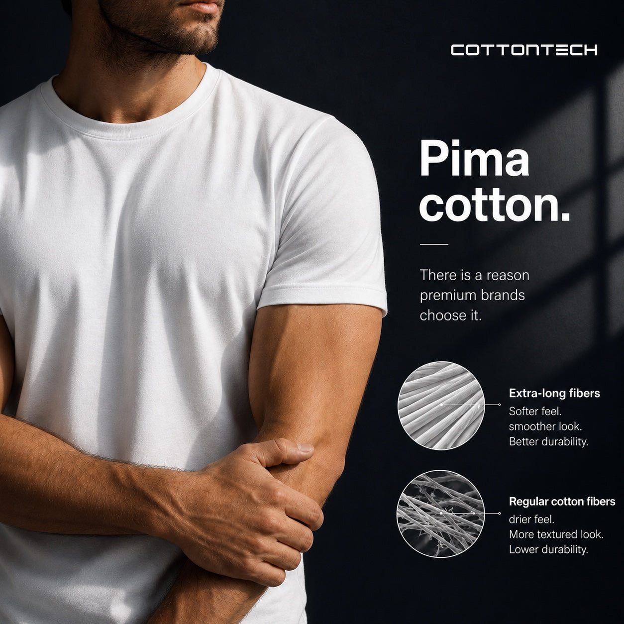 Pima cotton: extra-long fibers give a softer feel, smoother look and better durability than regular cotton fibers