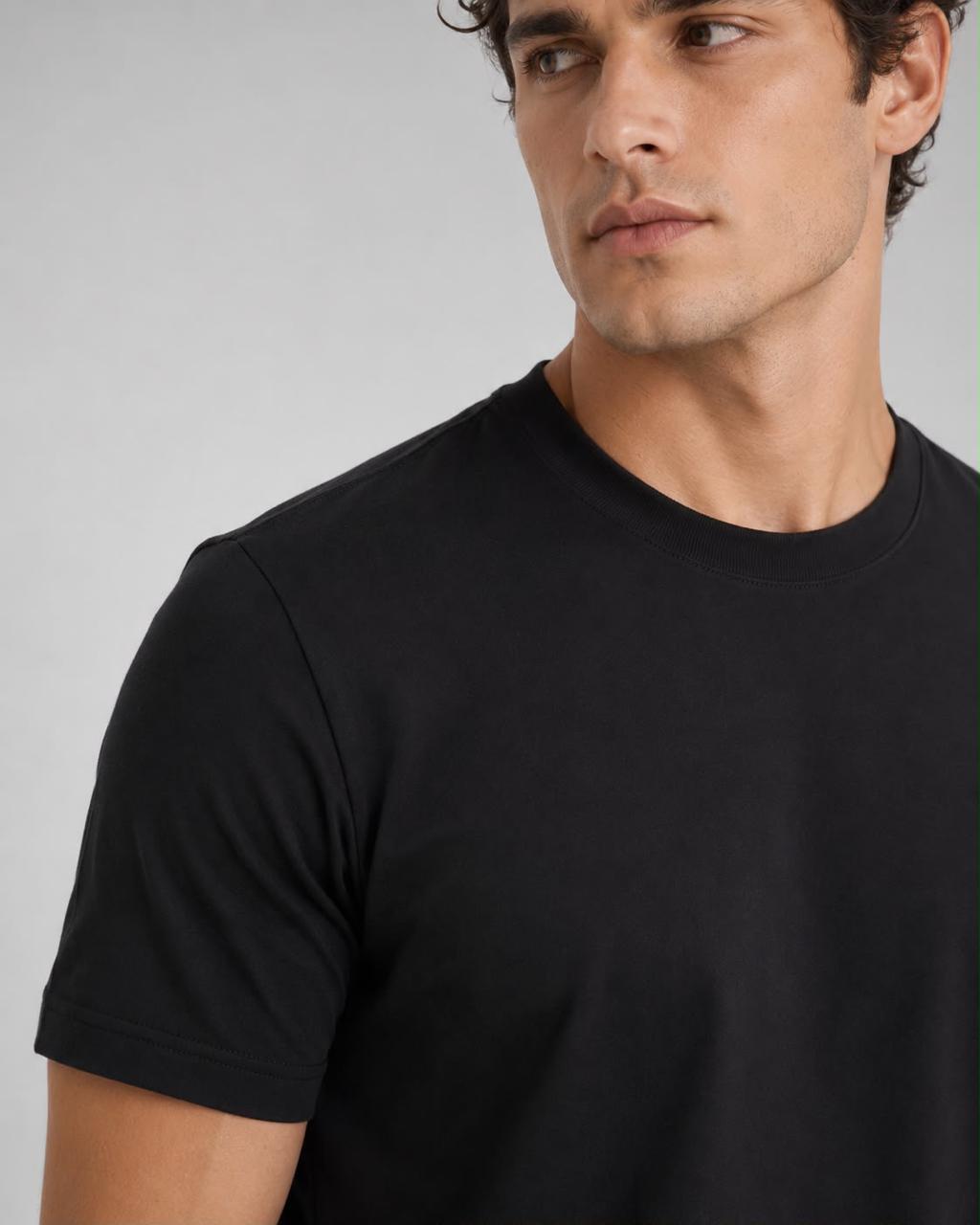 Close-up of the reinforced shoulder and structured collar on The Tech Shirt in Black