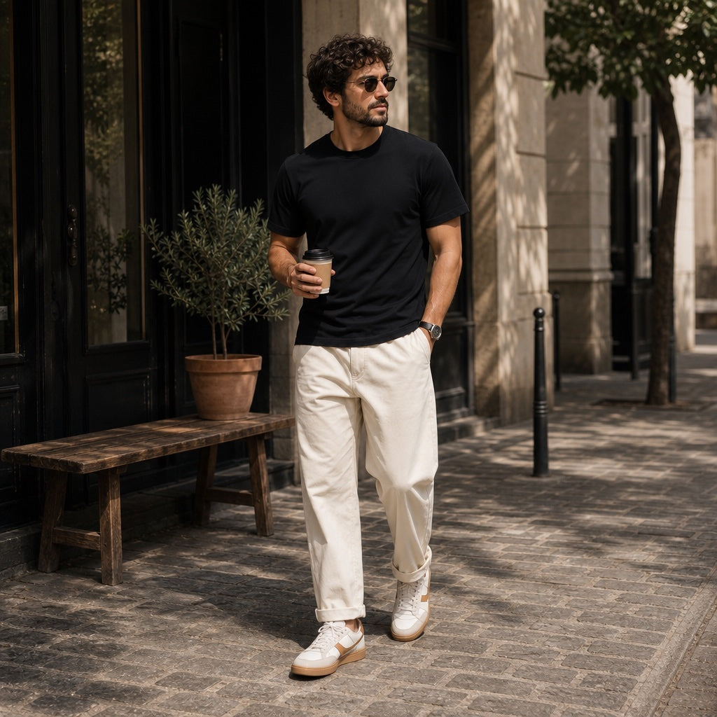 A man walking down a sunny street wearing The Tech Shirt in Black